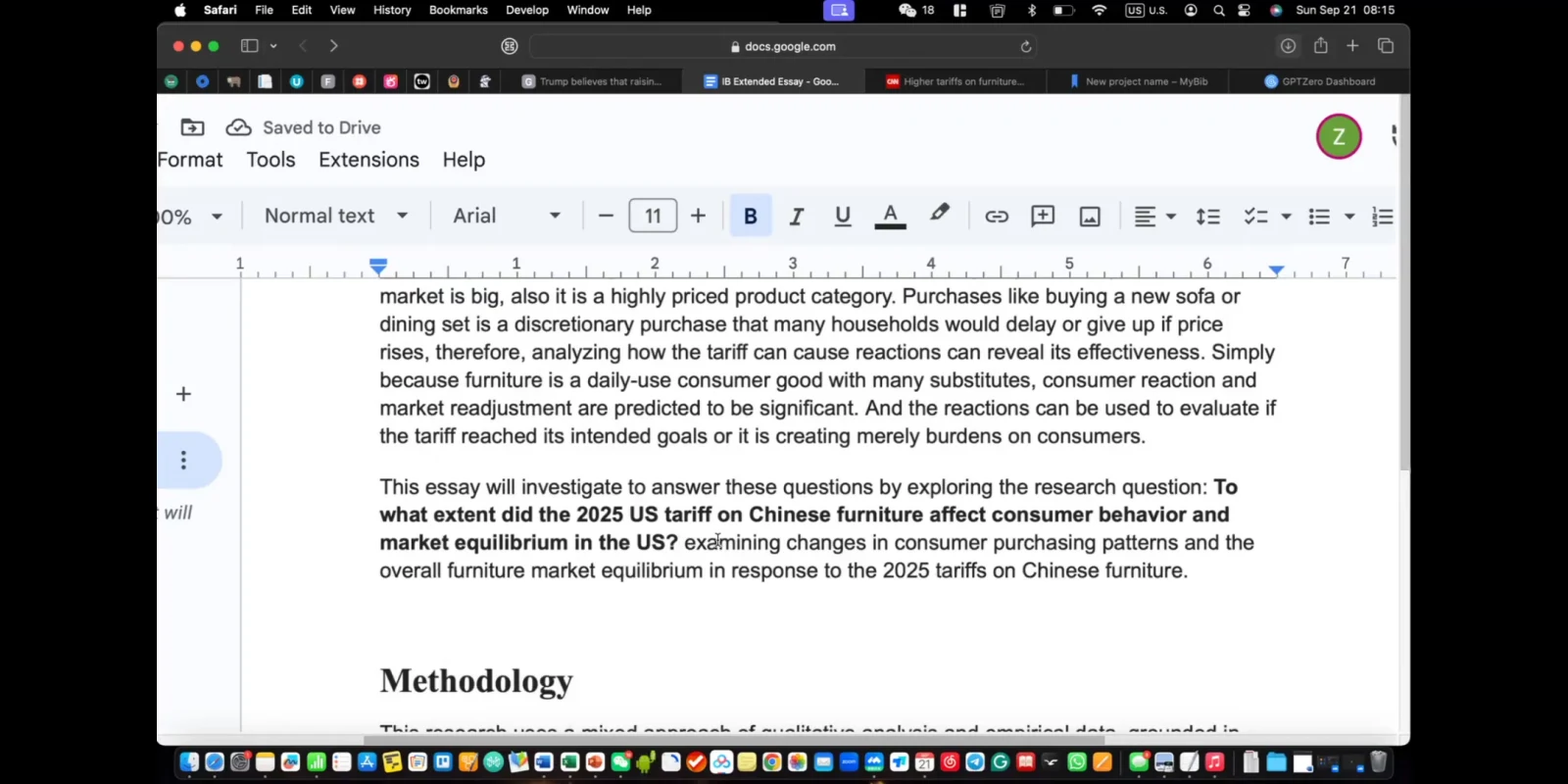 IB经济学在线课堂截图，Extended Essay文档显示研究问题与Methodology段落