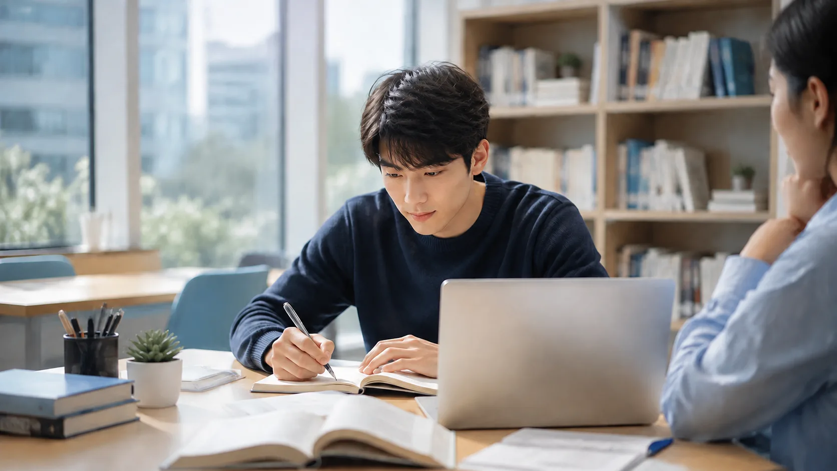 大学生在图书馆接受课程辅导